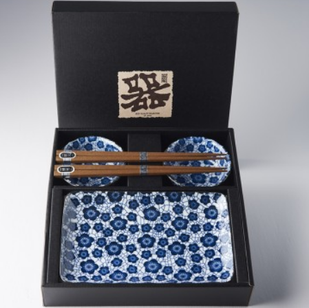 Sushi Set for Two with Chopsticks Black Blue Plum Design - Image 5